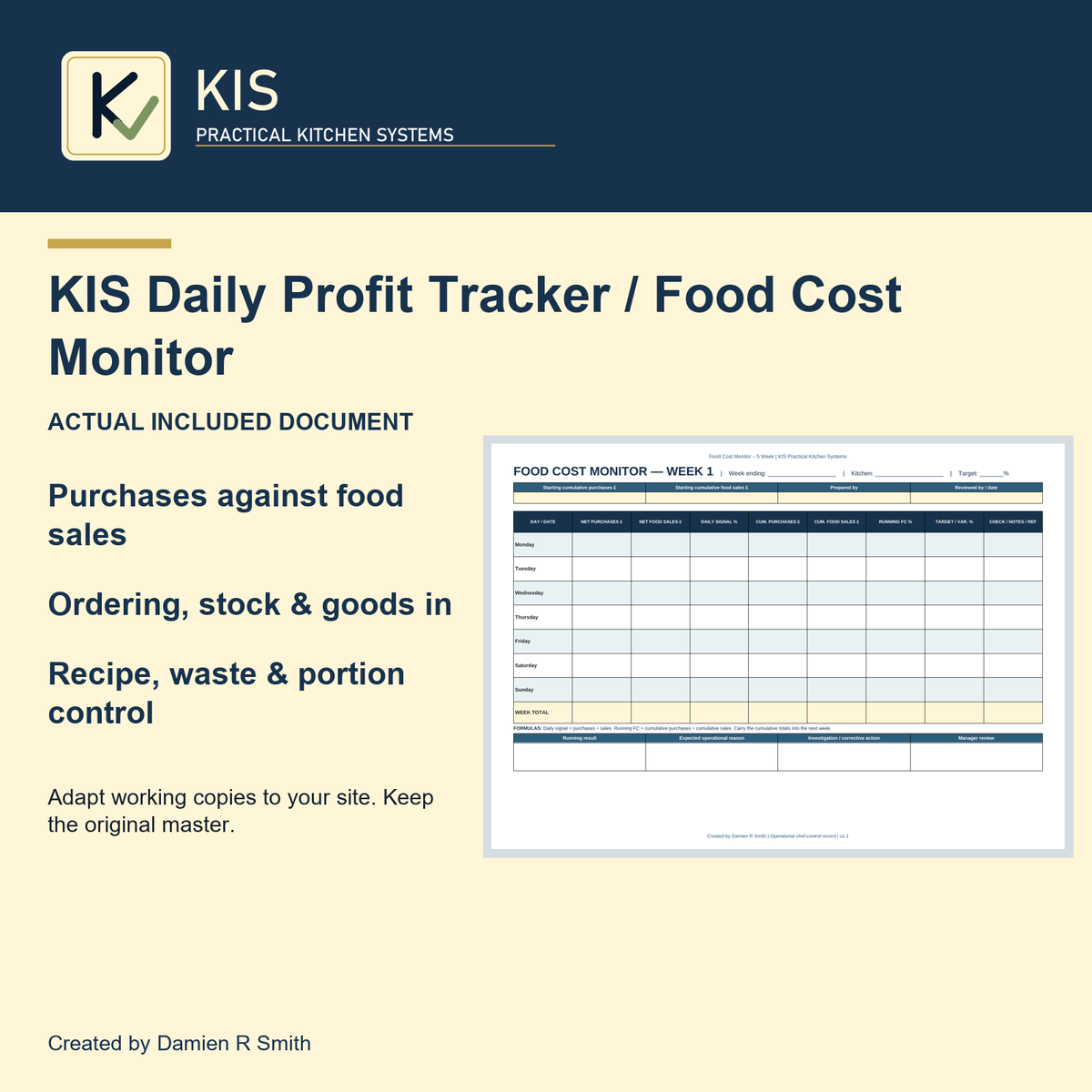 KIS Daily Profit Tracker / Food Cost Monitor